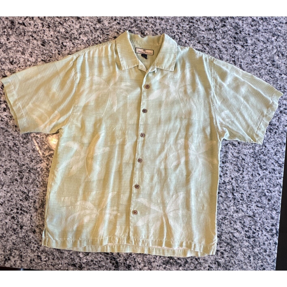 Tommy Bahama 100% Silk Shirt Mens Large Green Hawaiian Button Up Short‎ Sleeve